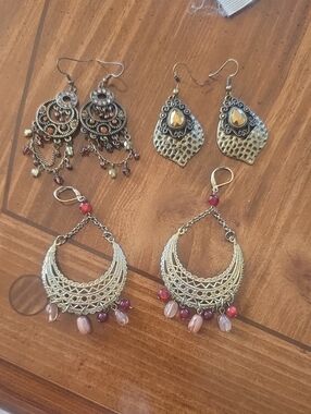 3 Pairs Of Boho Filigree Dangle Earrings with Pink and Gold Accents